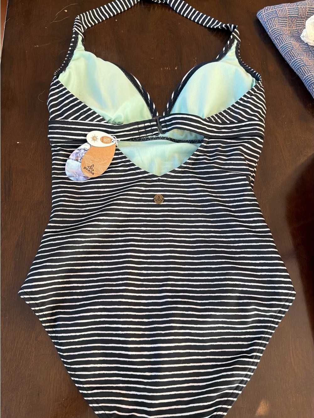 Prana Black & White Striped One-Piece Swimsuit with Mint Lining